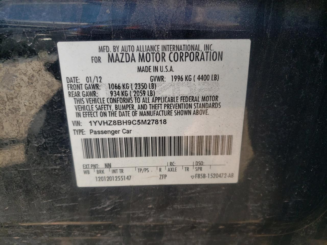Photo 10 from auction – 2012 MAZDA 6 I with VIN 1YVHZ8BH9C5M27818
