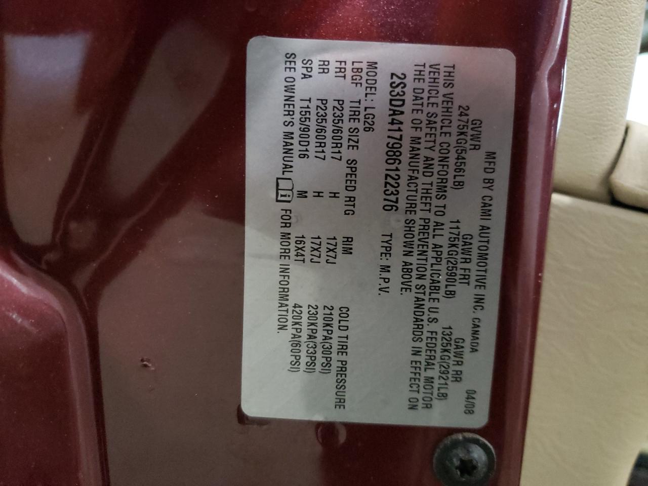 Photo 10 from auction – 2008 SUZUKI XL7 LUXURY with VIN 2S3DA417986122376