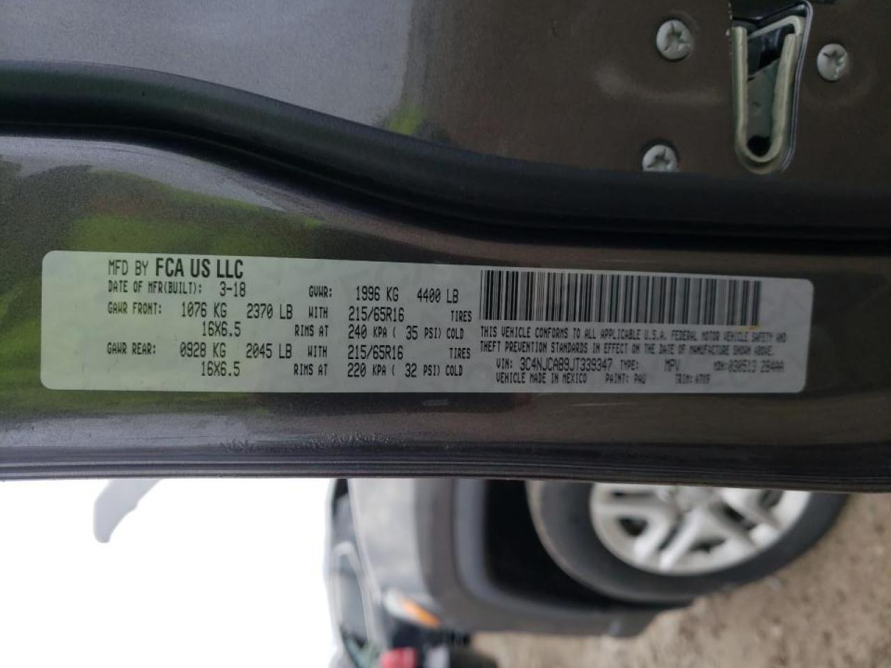 Photo 10 from auction – 2018 JEEP COMPASS SP with VIN 3C4NJCAB9JT339347