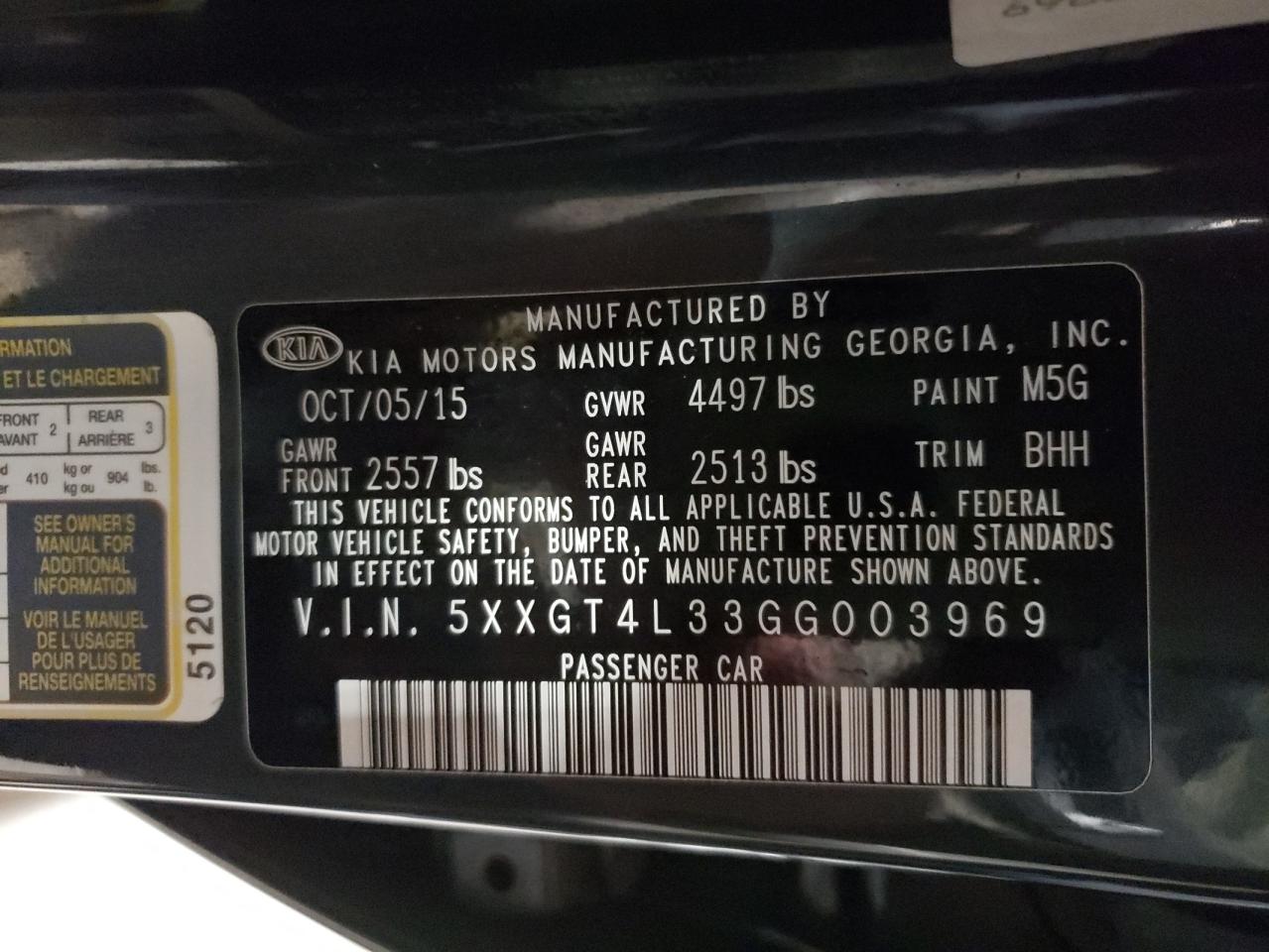 Photo 10 from auction – 2016 KIA OPTIMA LX with VIN 5XXGT4L33GG003969