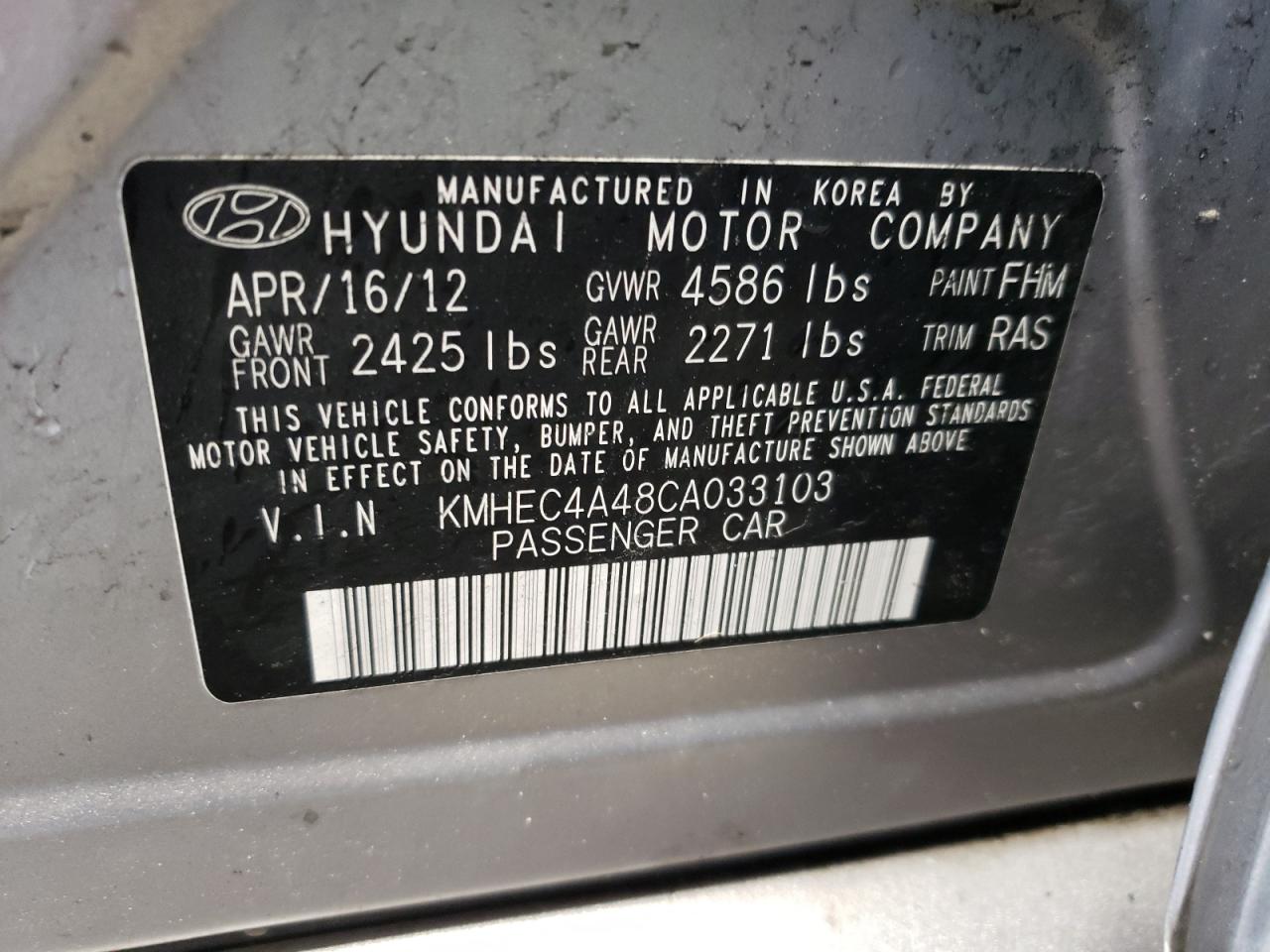 Photo 10 from auction – 2012 HYUNDAI SONATA HYB with VIN KMHEC4A48CA033103
