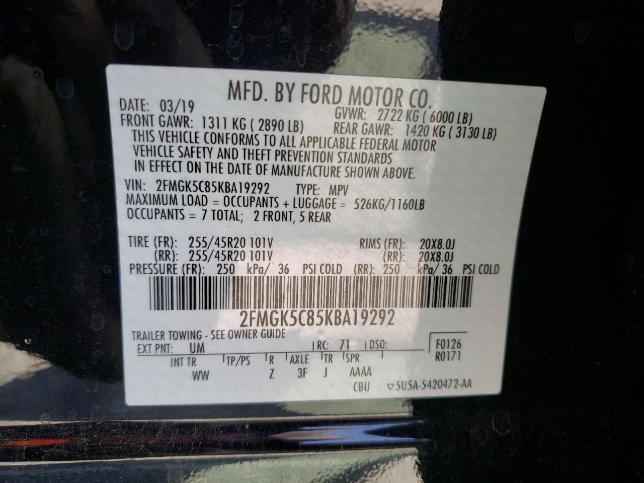 Photo 10 from auction – 2019 FORD FLEX SEL with VIN 2FMGK5C85KBA19292
