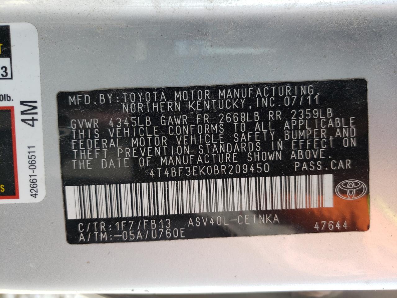 صورة رقم 10 من المزاد - 2011 TOYOTA CAMRY BASE مع VIN 4T4BF3EK0BR209450