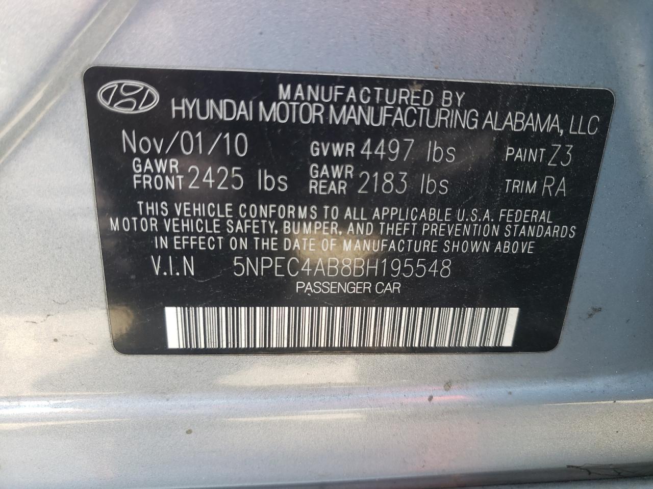 Photo 10 from auction – 2011 HYUNDAI SONATA SE with VIN 5NPEC4AB8BH195548