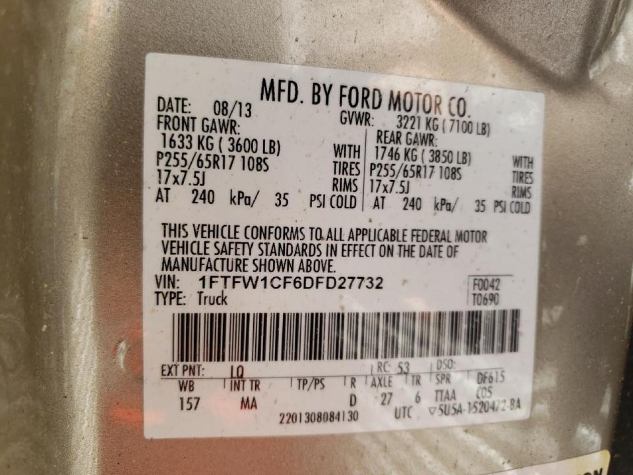 Photo 10 from auction – 2013 FORD F150 SUPER with VIN 1FTFW1CF6DFD27732