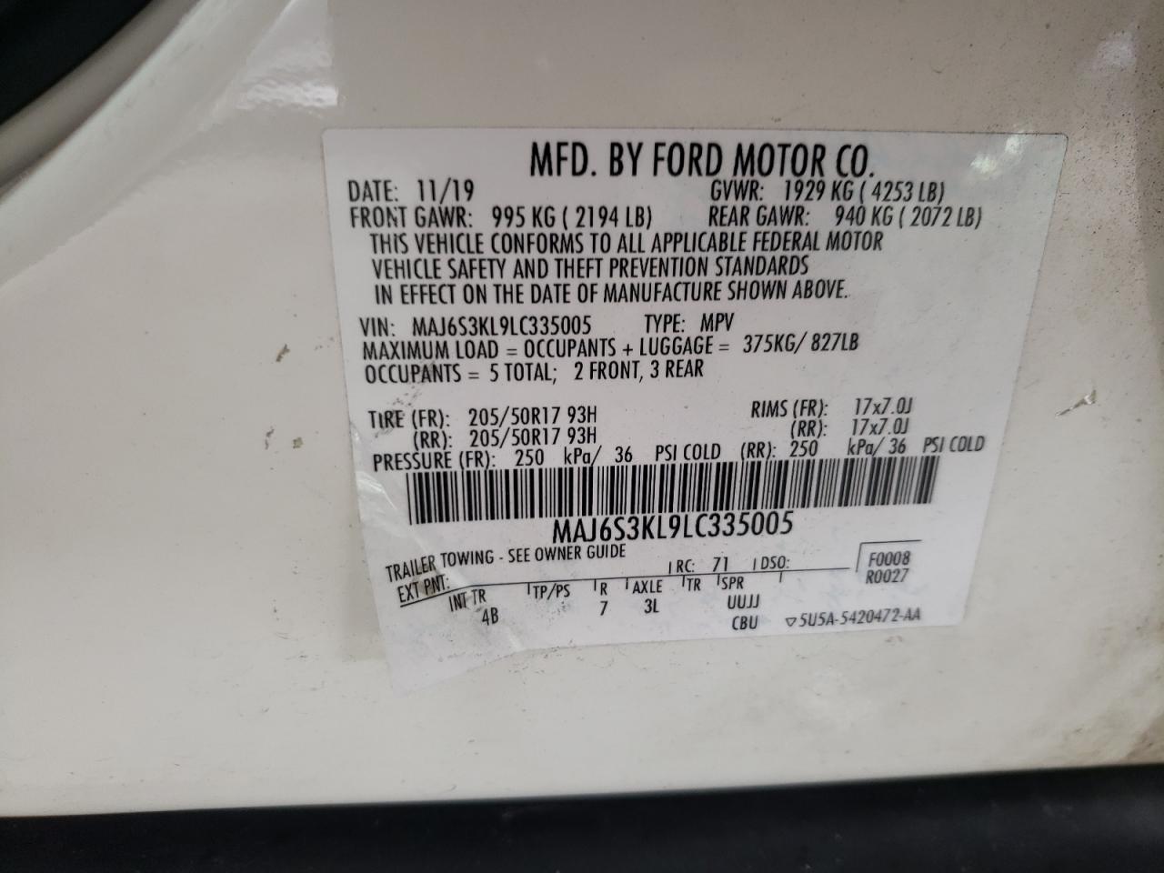 Photo 10 from auction – 2020 FORD ECOSPORT T with VIN MAJ6S3KL9LC335005