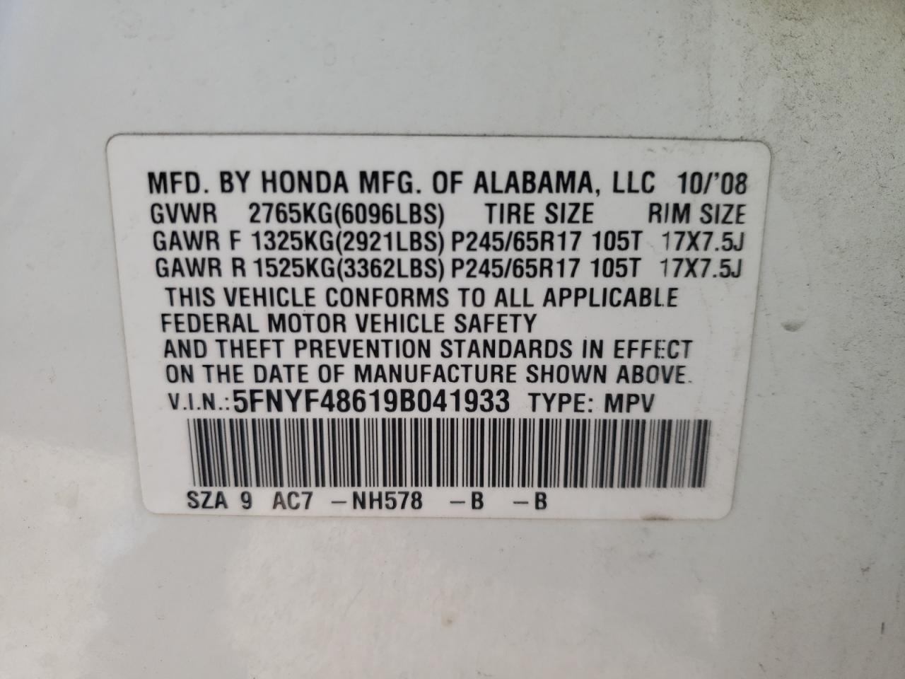 Photo 10 from auction – 2009 HONDA PILOT EXL with VIN 5FNYF48619B041933