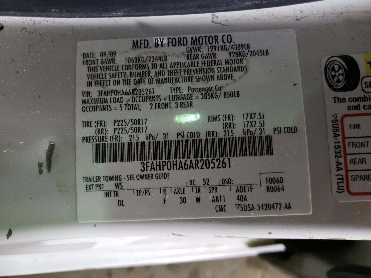 Photo 10 from auction – 2010 FORD FUSION SE with VIN 3FAHP0HA6AR205261