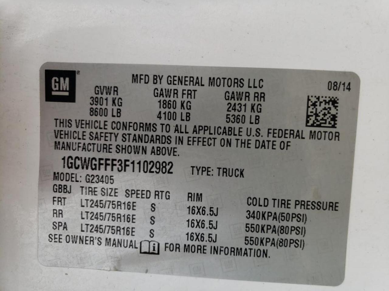 Photo 10 from auction – 2015 CHEVROLET EXPRESS G2 with VIN 1GCWGFFF3F1102982