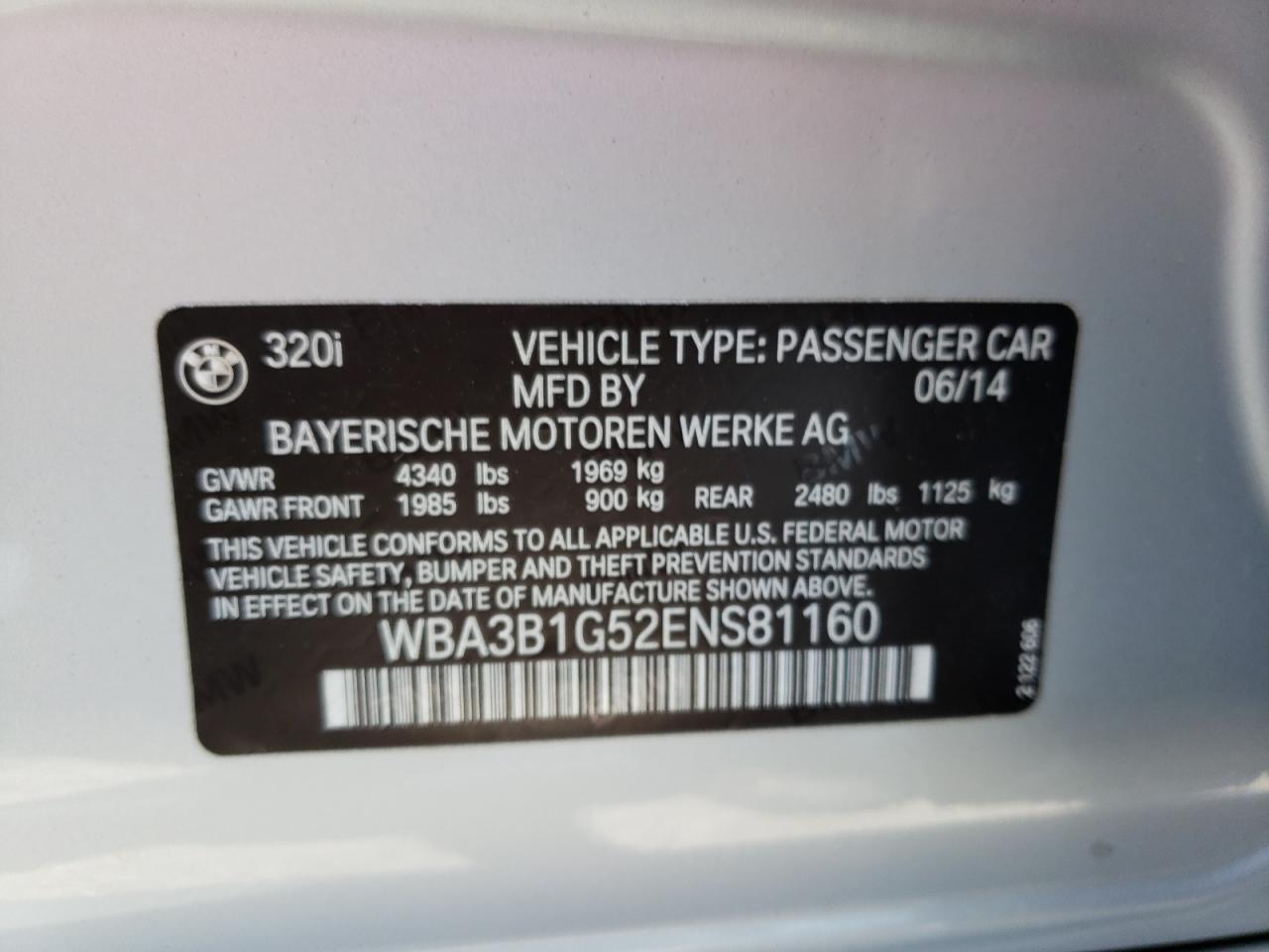 Photo 10 from auction – 2014 BMW 320 I with VIN WBA3B1G52ENS81160