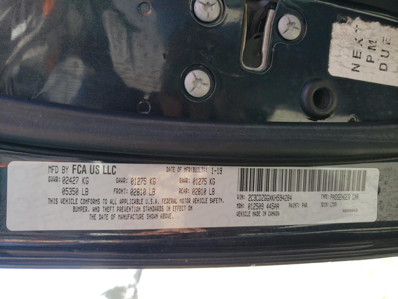 Photo 10 from auction – 2019 DODGE CHALLENGER with VIN 2C3CDZGGXKH594284
