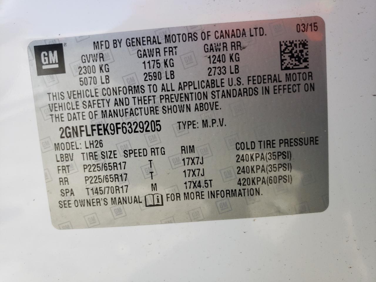 Photo 10 from auction – 2015 CHEVROLET EQUINOX LT with VIN 2GNFLFEK9F6329205