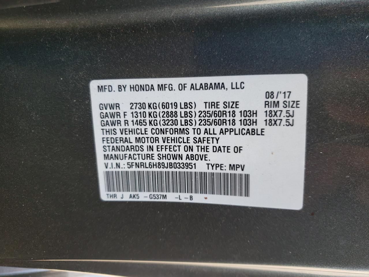 Photo 10 from auction – 2018 HONDA ODYSSEY TO with VIN 5FNRL6H89JB033951