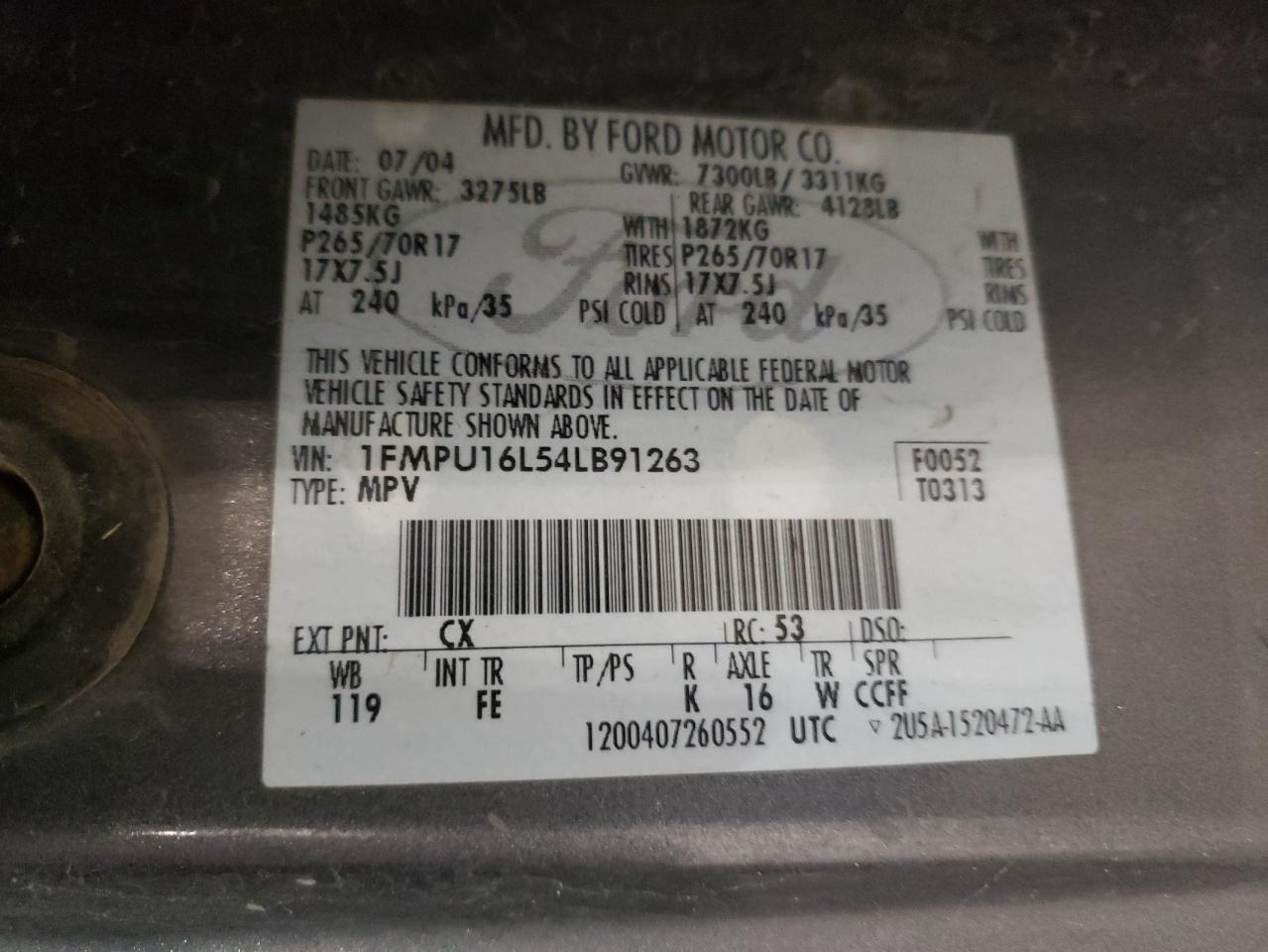 Photo 10 from auction – 2004 FORD EXPEDITION with VIN 1FMPU16L54LB91263
