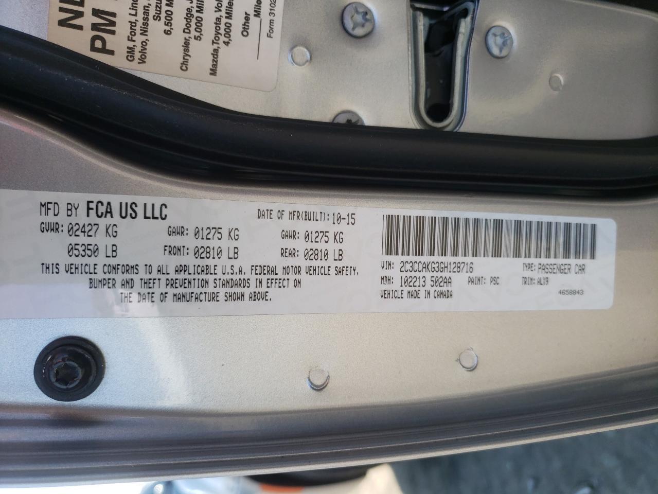 Photo 10 from auction – 2016 CHRYSLER 300C with VIN 2C3CCAKG3GH128716