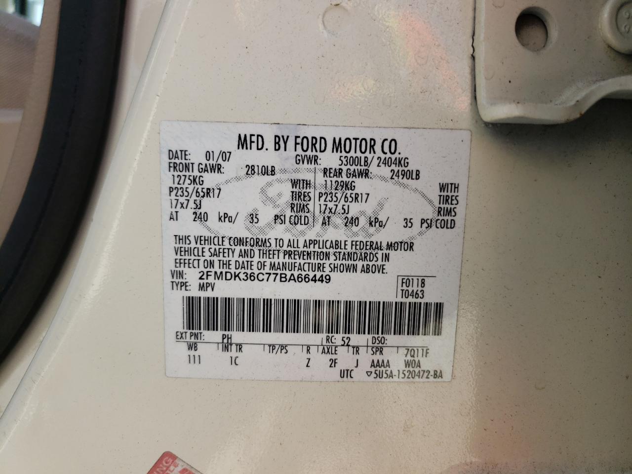 Photo 10 from auction – 2007 FORD EDGE SE with VIN 2FMDK36C77BA66449