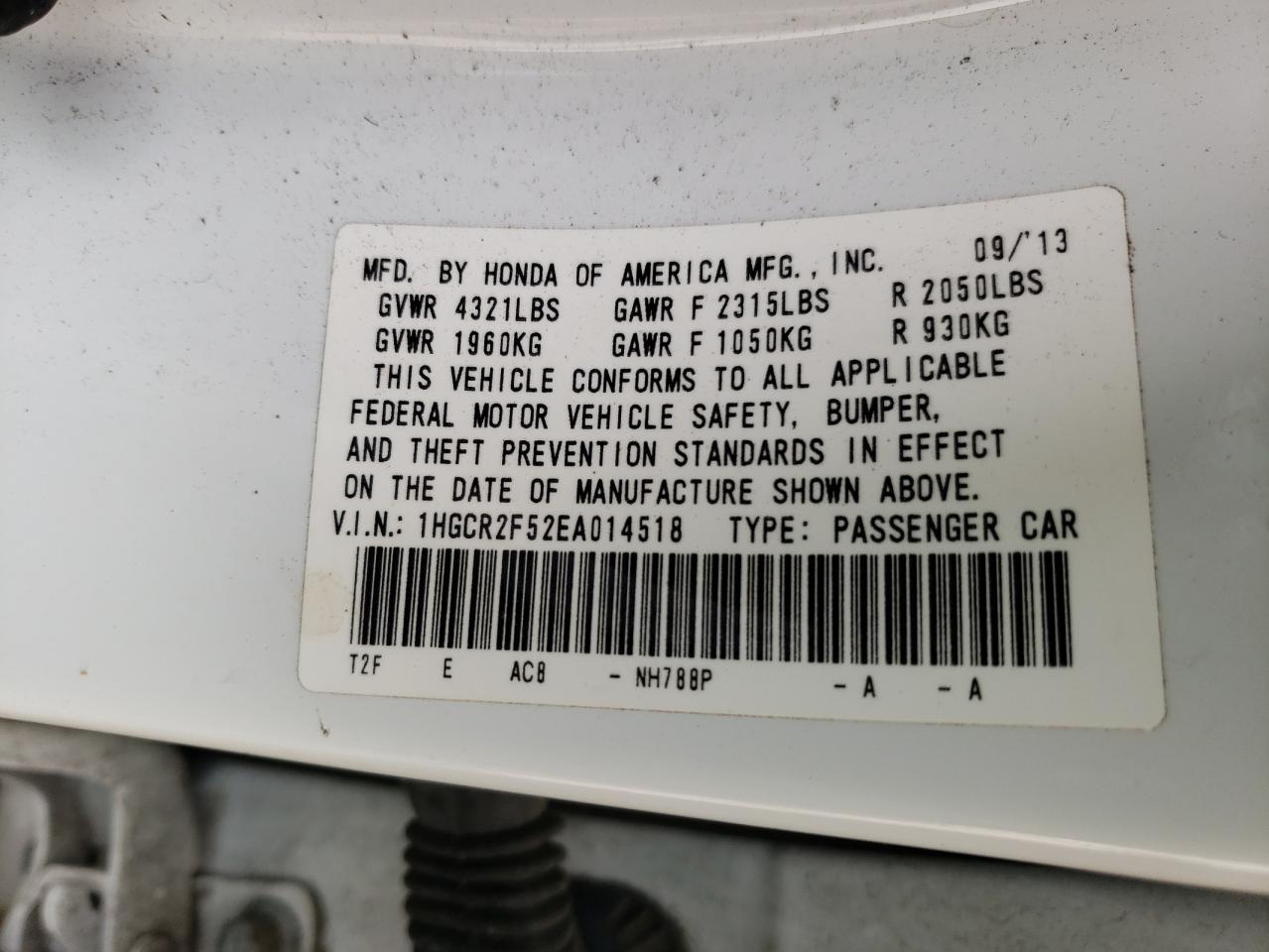 Photo 10 from auction – 2014 HONDA ACCORD SPO with VIN 1HGCR2F52EA014518