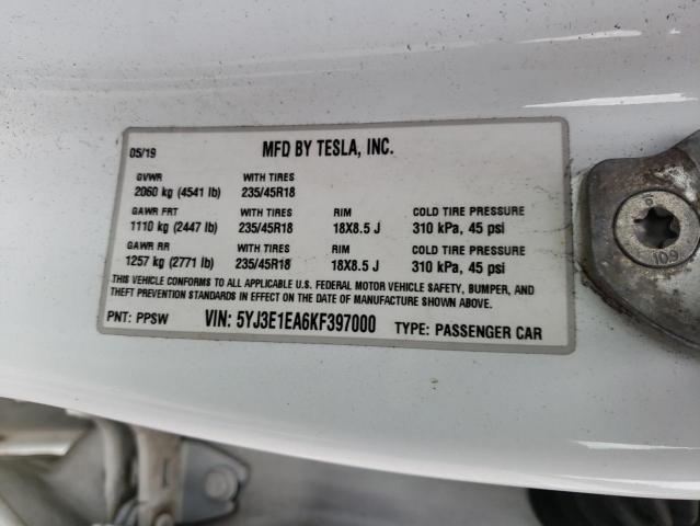 Photo 10 from auction – 2019 TESLA MODEL 3 with VIN 5YJ3E1EA6KF397000