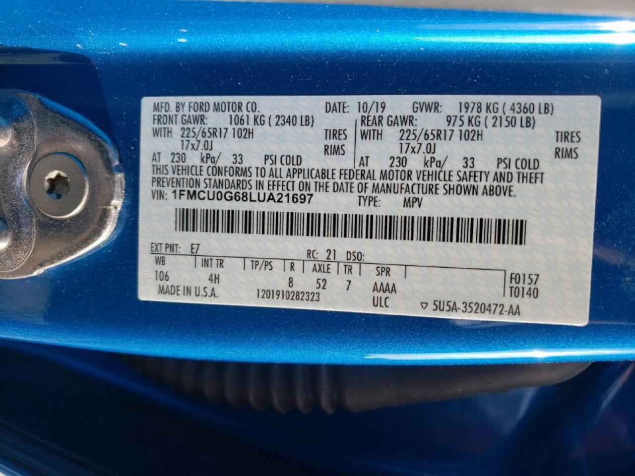 Photo 10 from auction – 2020 FORD ESCAPE SE with VIN 1FMCU0G68LUA21697