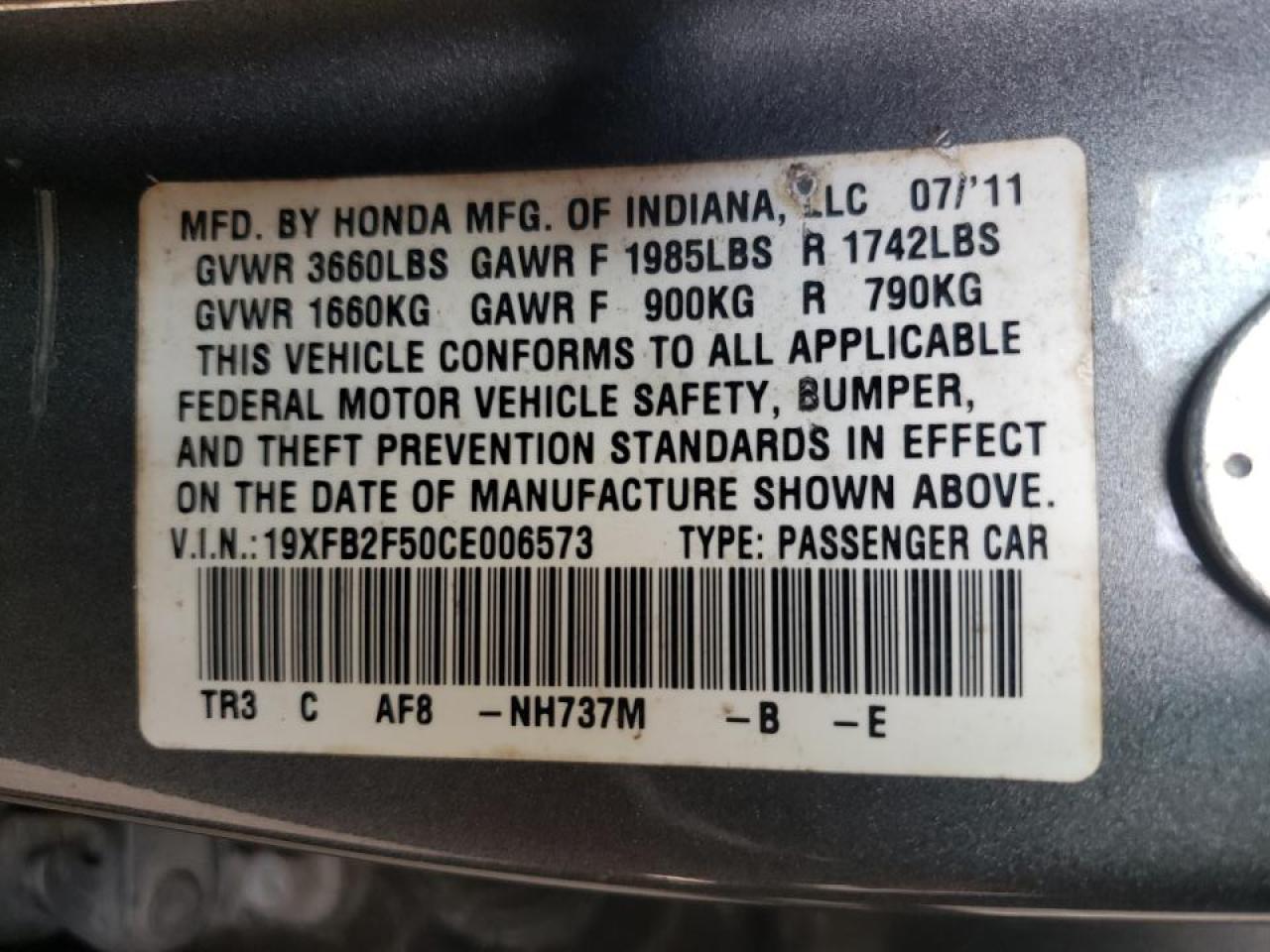 Photo 10 from auction – 2012 HONDA CIVIC LX with VIN 19XFB2F50CE006573