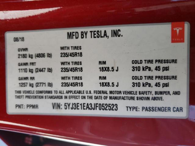 Photo 10 from auction – 2018 TESLA MODEL 3 with VIN 5YJ3E1EA3JF052523