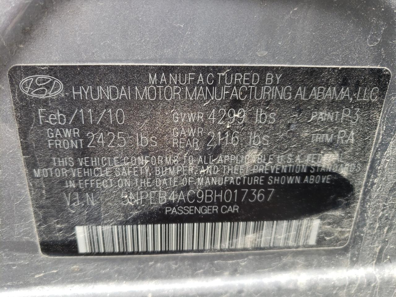 Photo 10 from auction – 2011 HYUNDAI SONATA GLS with VIN 5NPEB4AC9BH017367
