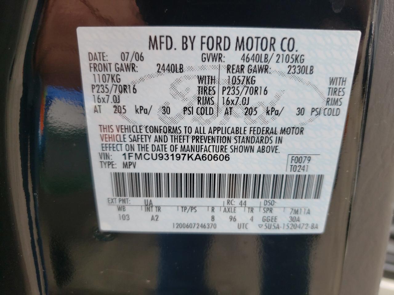 Photo 10 from auction – 2007 FORD ESCAPE XLT with VIN 1FMCU93197KA60606
