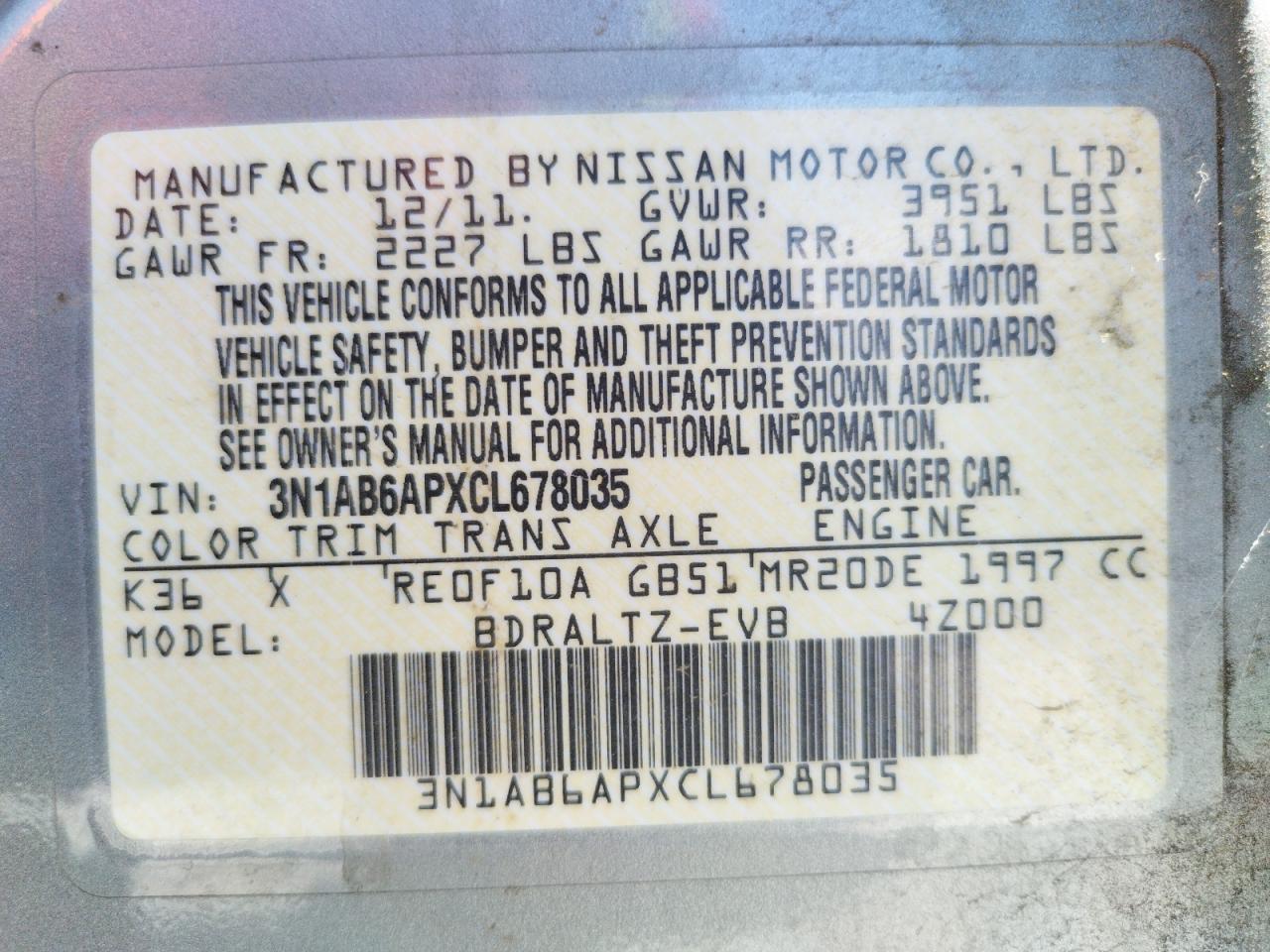 Photo 10 from auction – 2012 NISSAN SENTRA 2.0 with VIN 3N1AB6APXCL678035