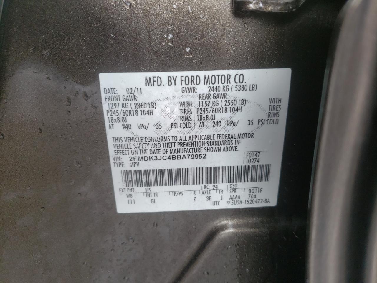 Photo 10 from auction – 2011 FORD EDGE SEL with VIN 2FMDK3JC4BBA79952