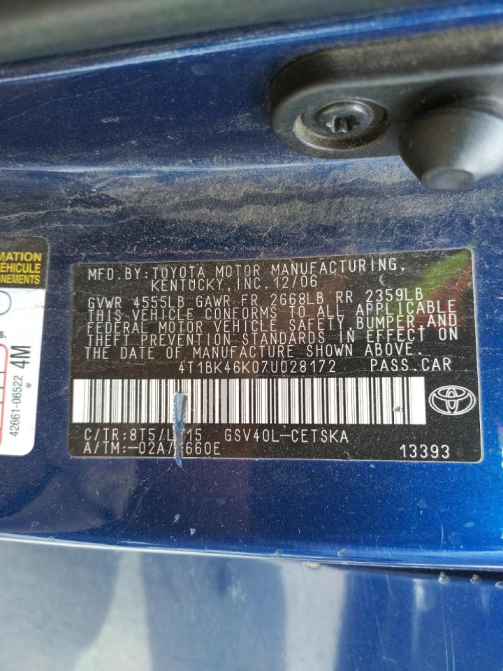 Photo 10 from auction – 2007 TOYOTA CAMRY LE with VIN 4T1BK46K07U028172