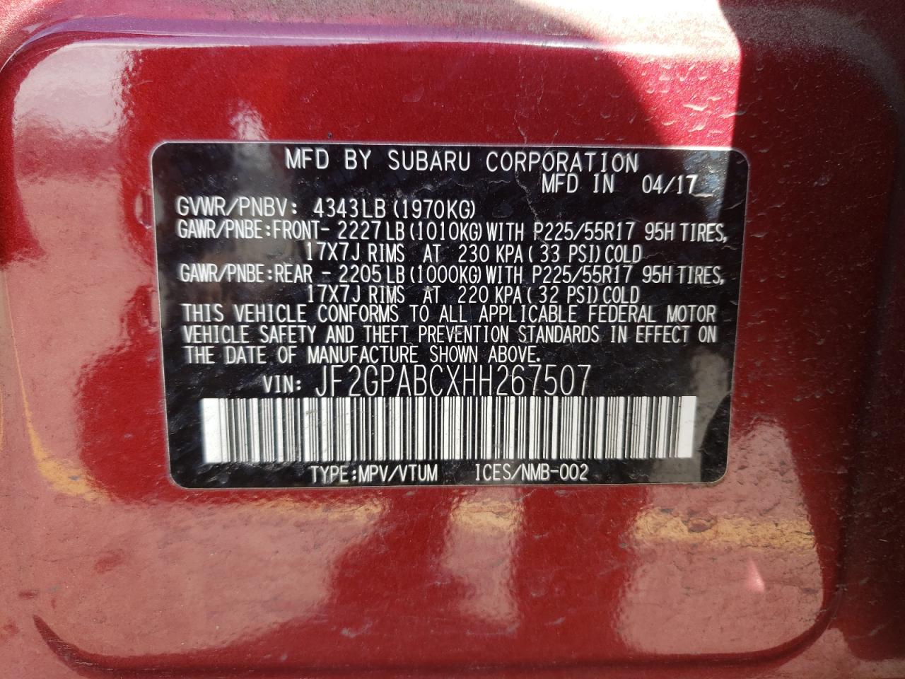 Photo 10 from auction – 2017 SUBARU CROSSTREK with VIN JF2GPABCXHH267507