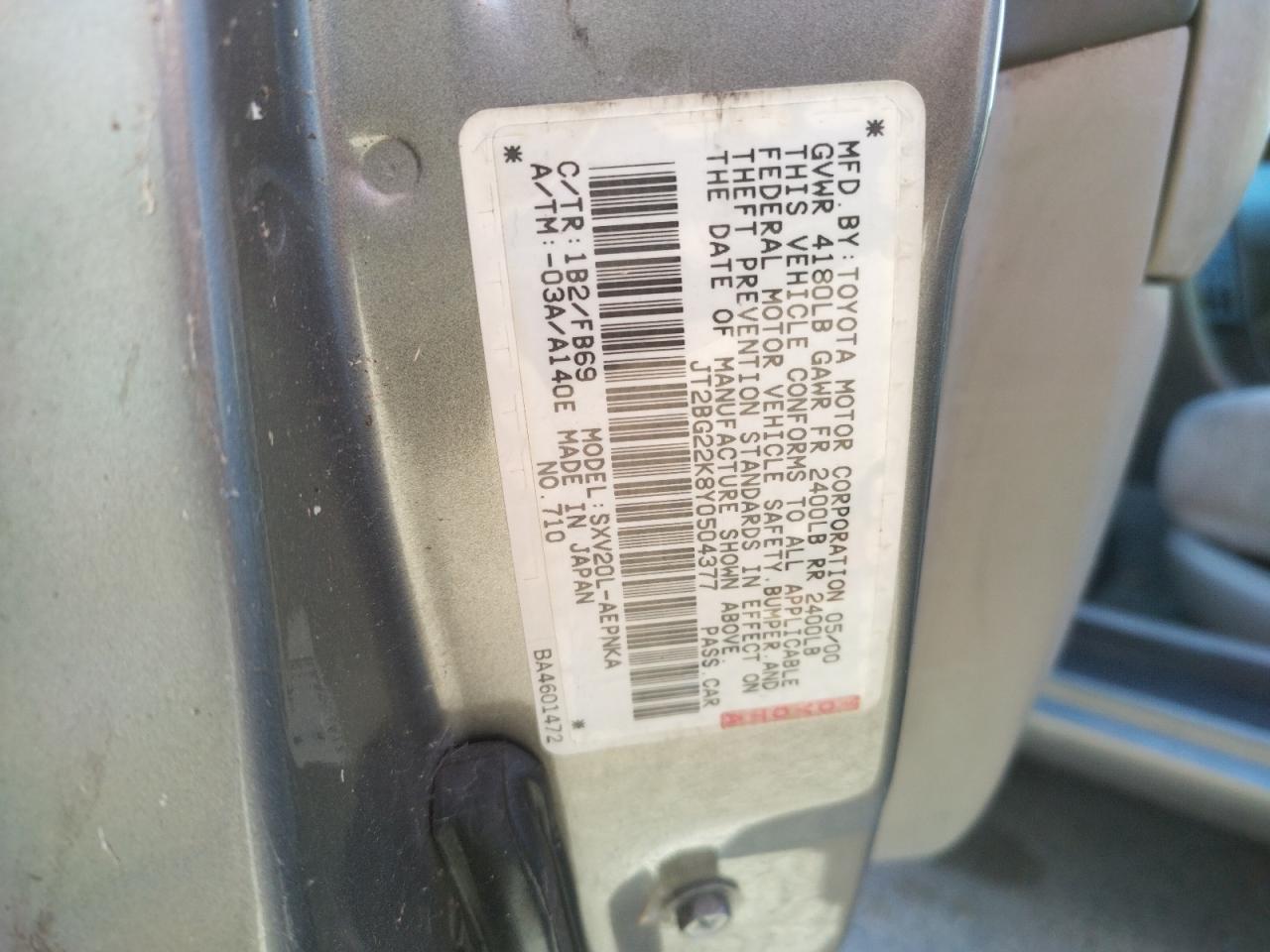 Photo 10 from auction – 2000 TOYOTA CAMRY CE with VIN JT2BG22K8Y0504377