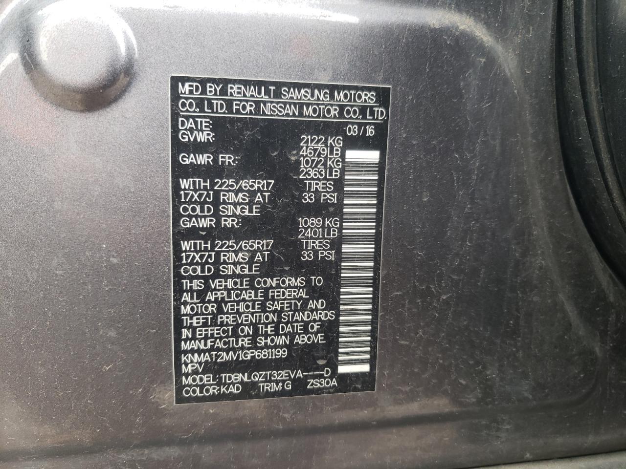 Photo 10 from auction – 2016 NISSAN ROGUE S with VIN KNMAT2MV1GP681199