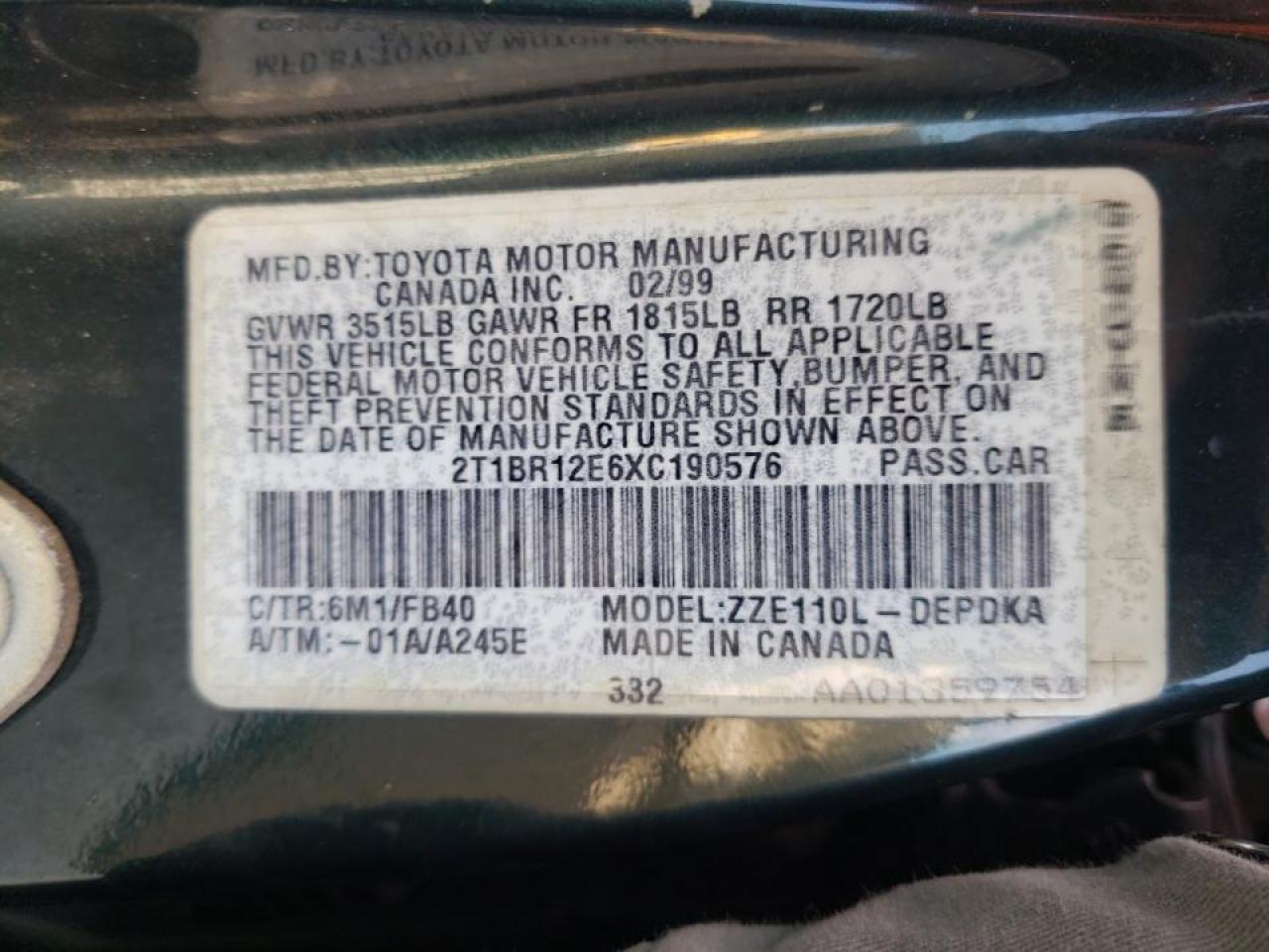 Photo 10 from auction – 1999 TOYOTA COROLLA VE with VIN 2T1BR12E6XC190576