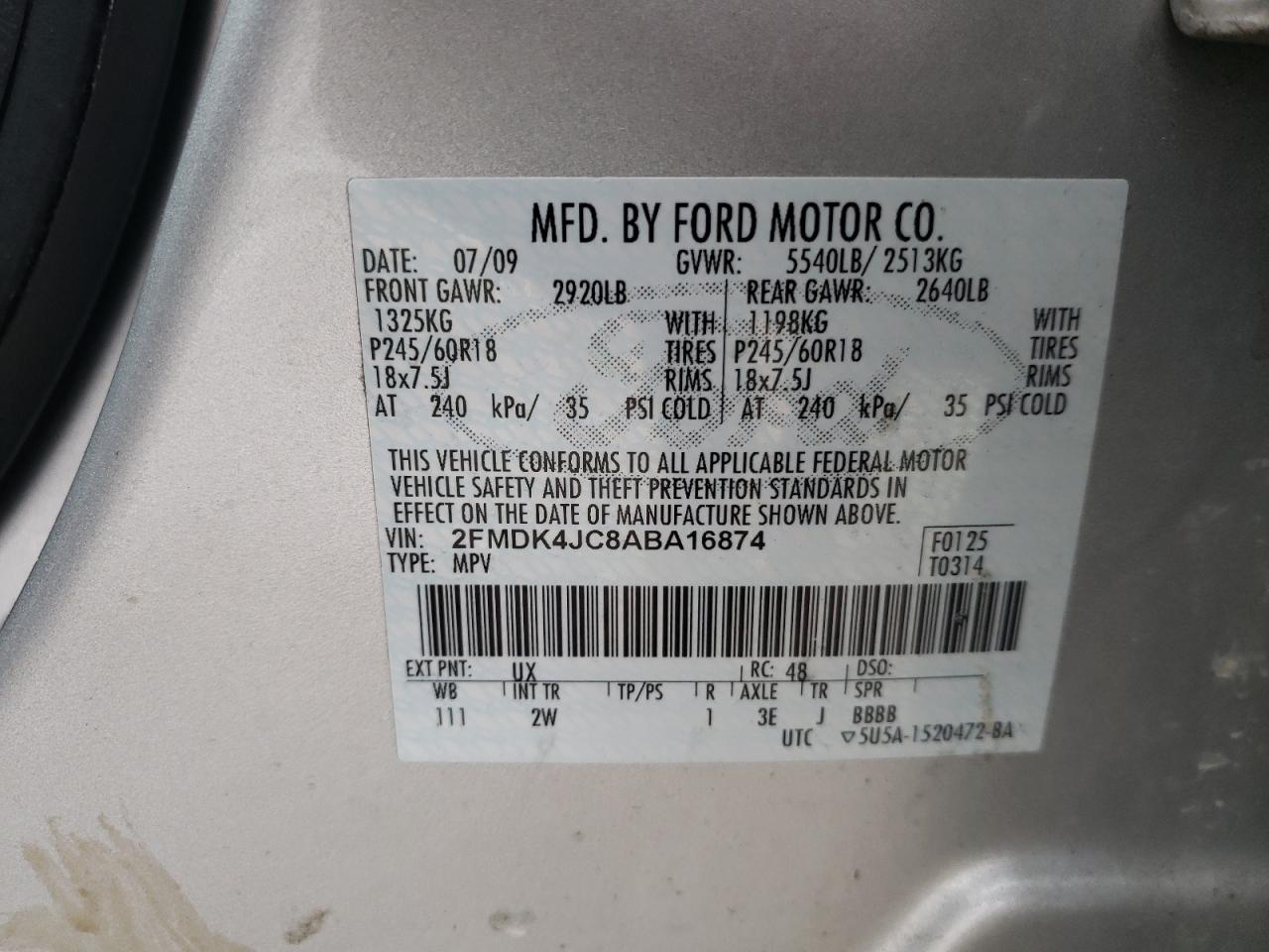Photo 10 from auction – 2010 FORD EDGE SEL with VIN 2FMDK4JC8ABA16874