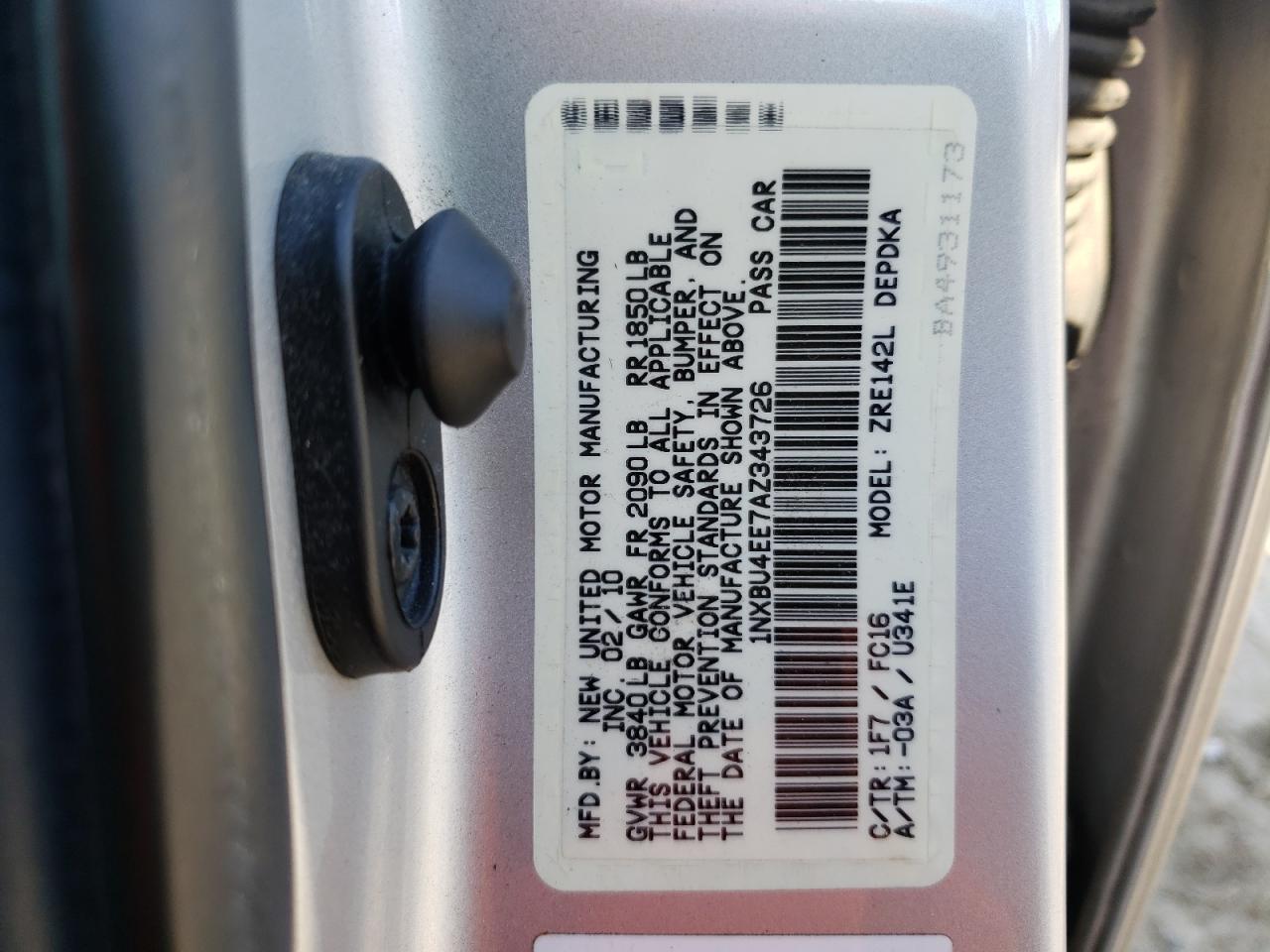 Photo 10 from auction – 2010 TOYOTA COROLLA BA with VIN 1NXBU4EE7AZ343726