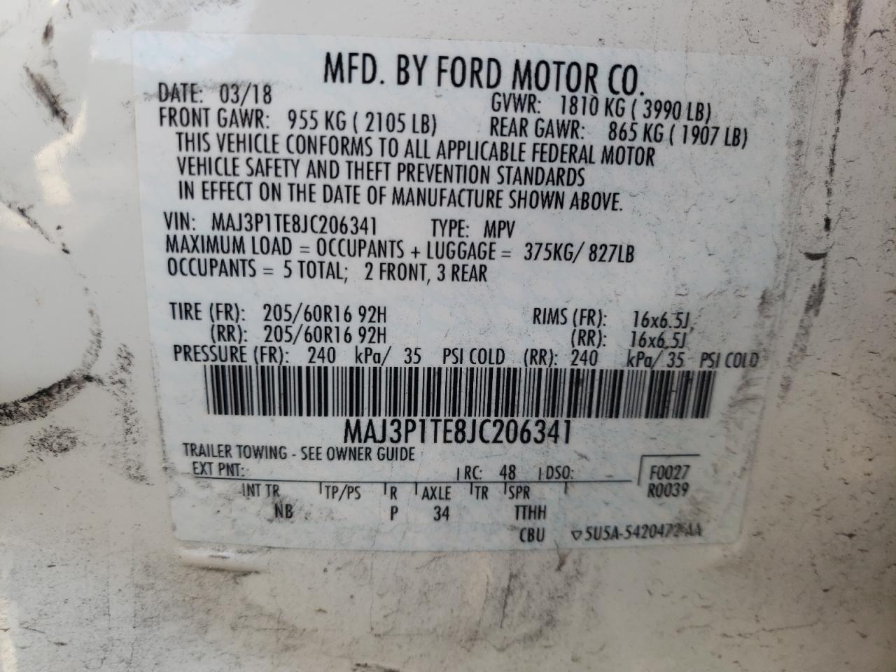 Photo 10 from auction – 2018 FORD ECOSPORT S with VIN MAJ3P1TE8JC206341