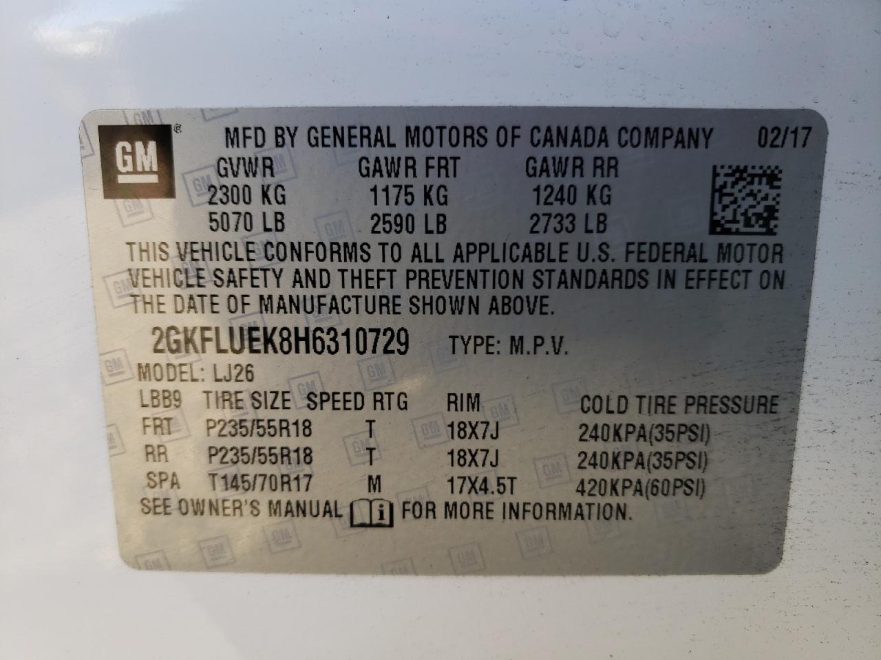 Photo 10 from auction – 2017 GMC TERRAIN SL with VIN 2GKFLUEK8H6310729