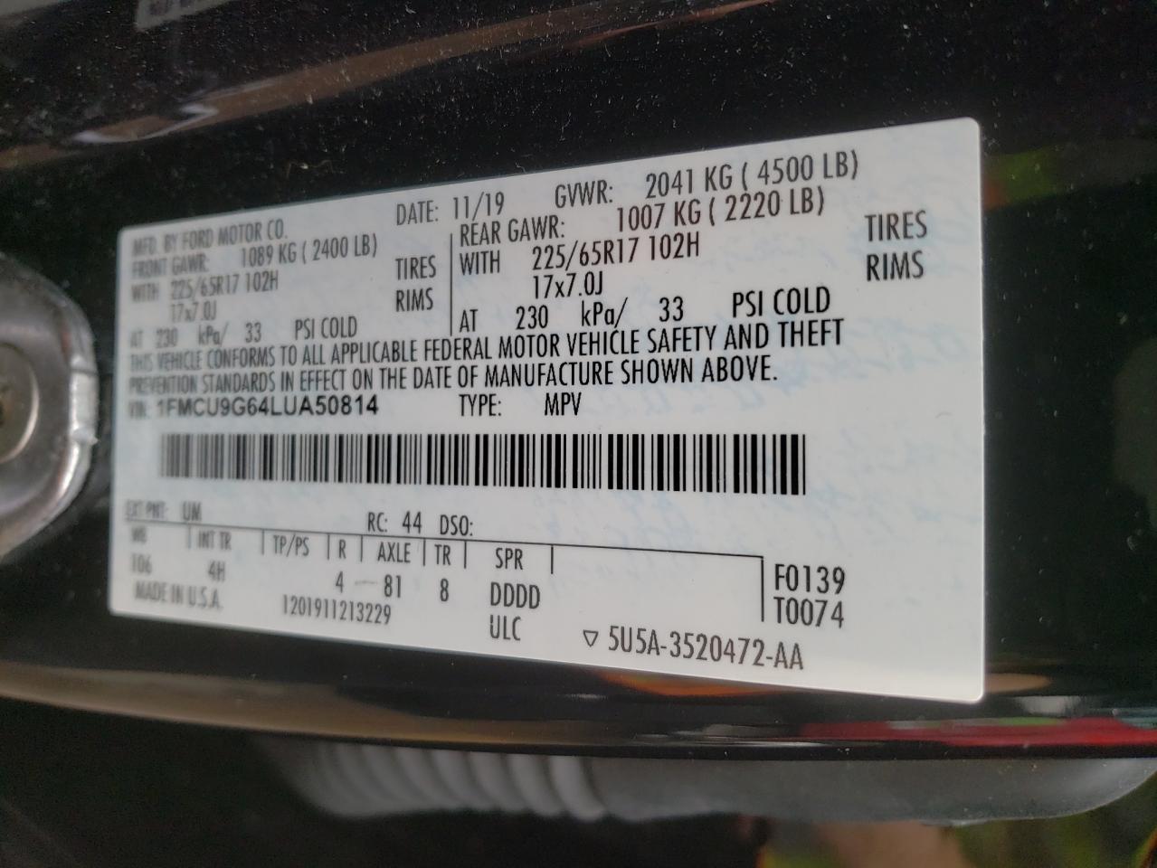 Photo 10 from auction – 2020 FORD ESCAPE SE with VIN 1FMCU9G64LUA50814
