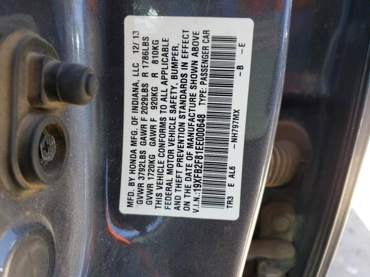 Photo 10 from auction – 2014 HONDA CIVIC EX with VIN 19XFB2F81EE000648