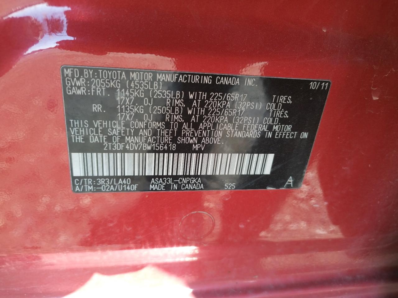 Photo 10 from auction – 2011 TOYOTA RAV4 LIMIT with VIN 2T3DF4DV7BW156418