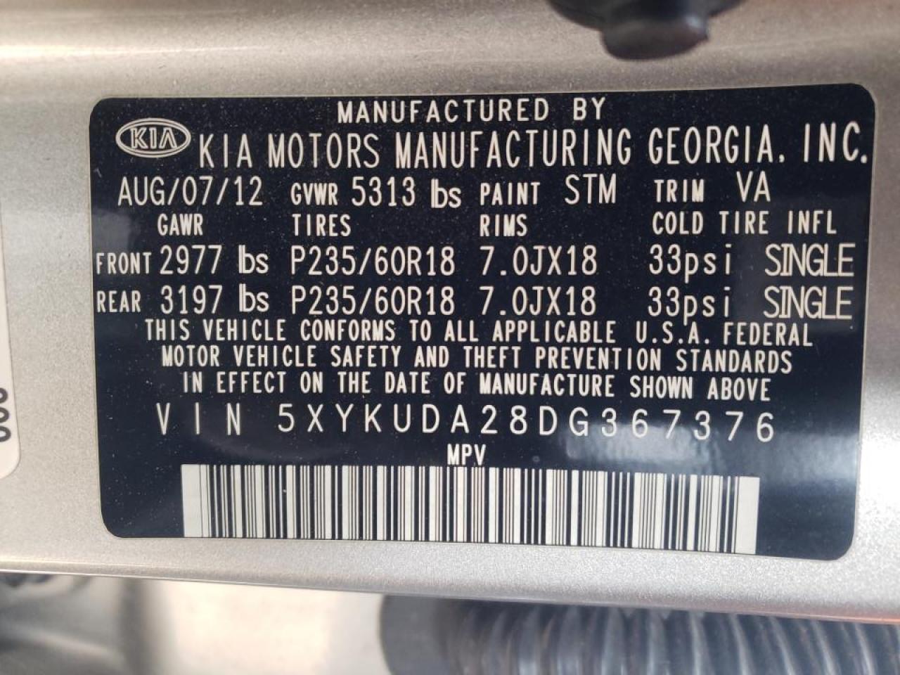 Photo 10 from auction – 2013 KIA SORENTO EX with VIN 5XYKUDA28DG367376