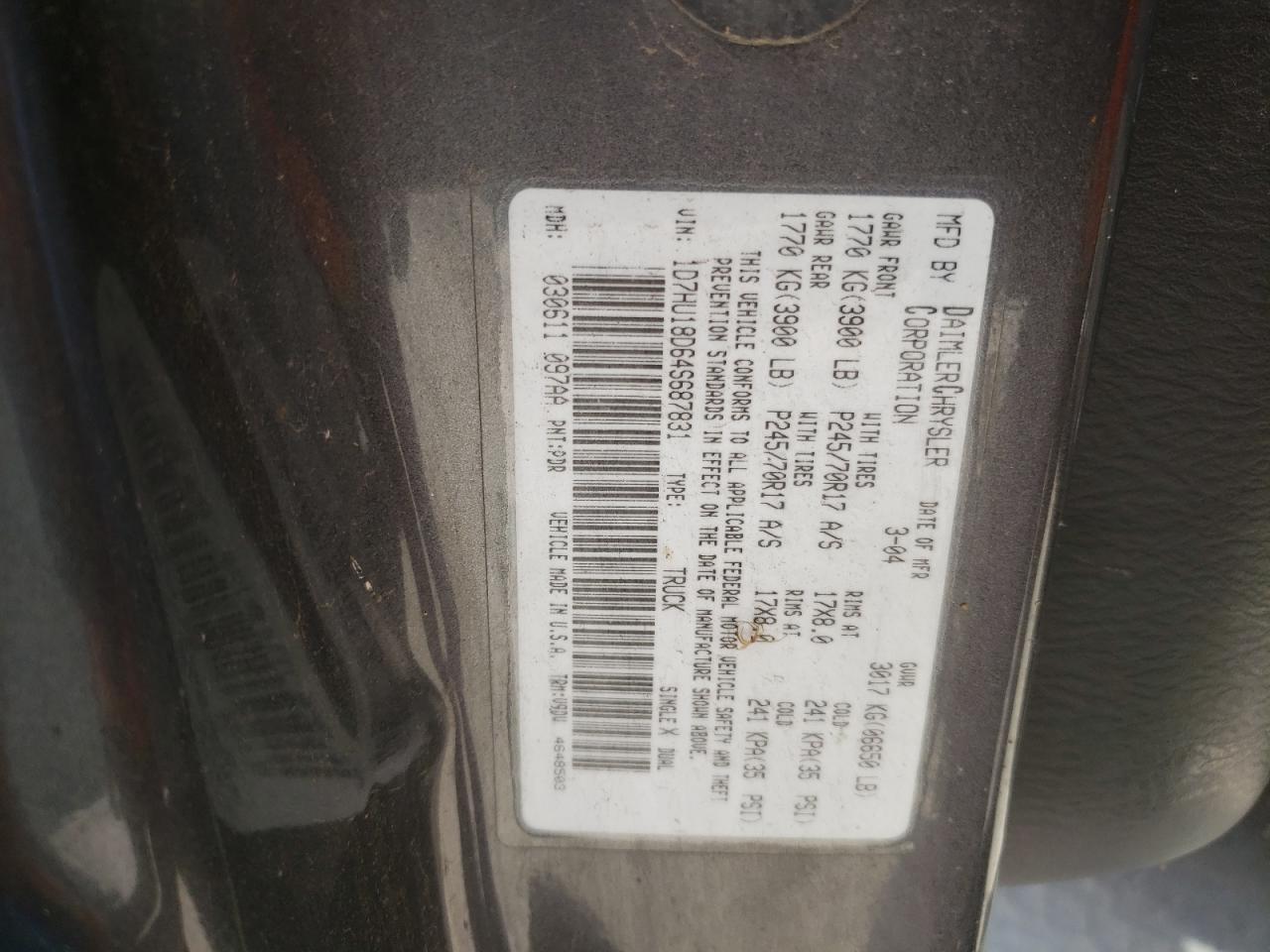 Photo 10 from auction – 2004 DODGE RAM 1500 S with VIN 1D7HU18D64S687831