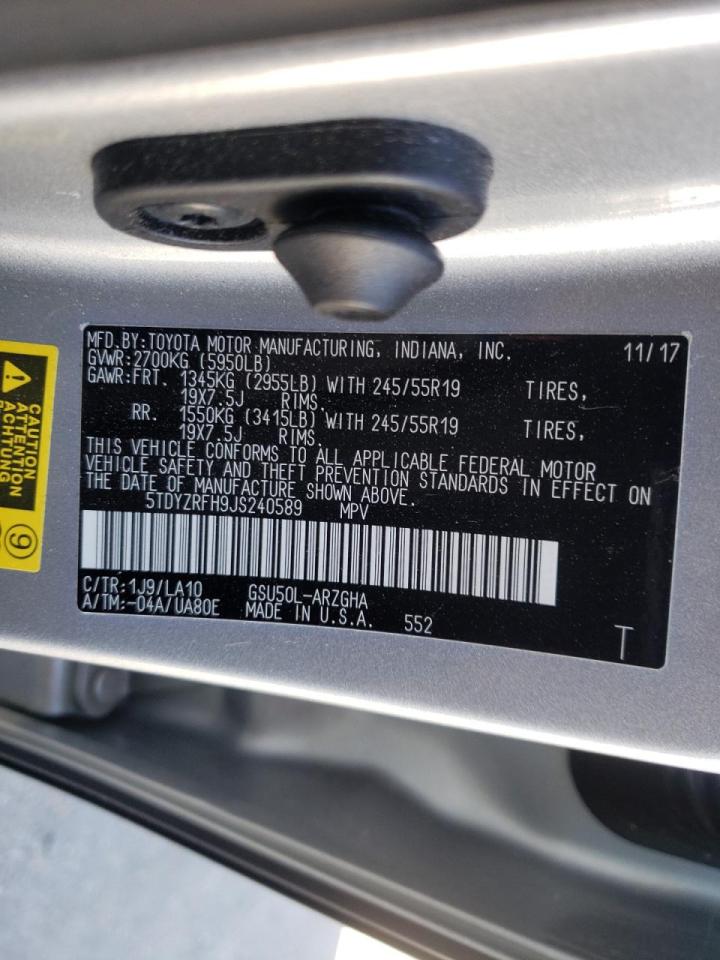 Photo 10 from auction – 2018 TOYOTA HIGHLANDER with VIN 5TDYZRFH9JS240589