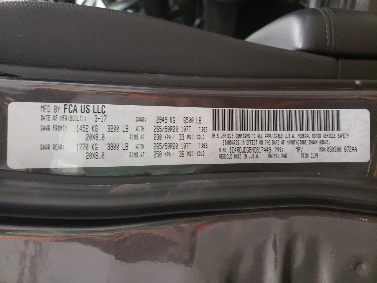 Photo 10 from auction – 2017 DODGE DURANGO GT with VIN 1C4RDJDG5HC817449