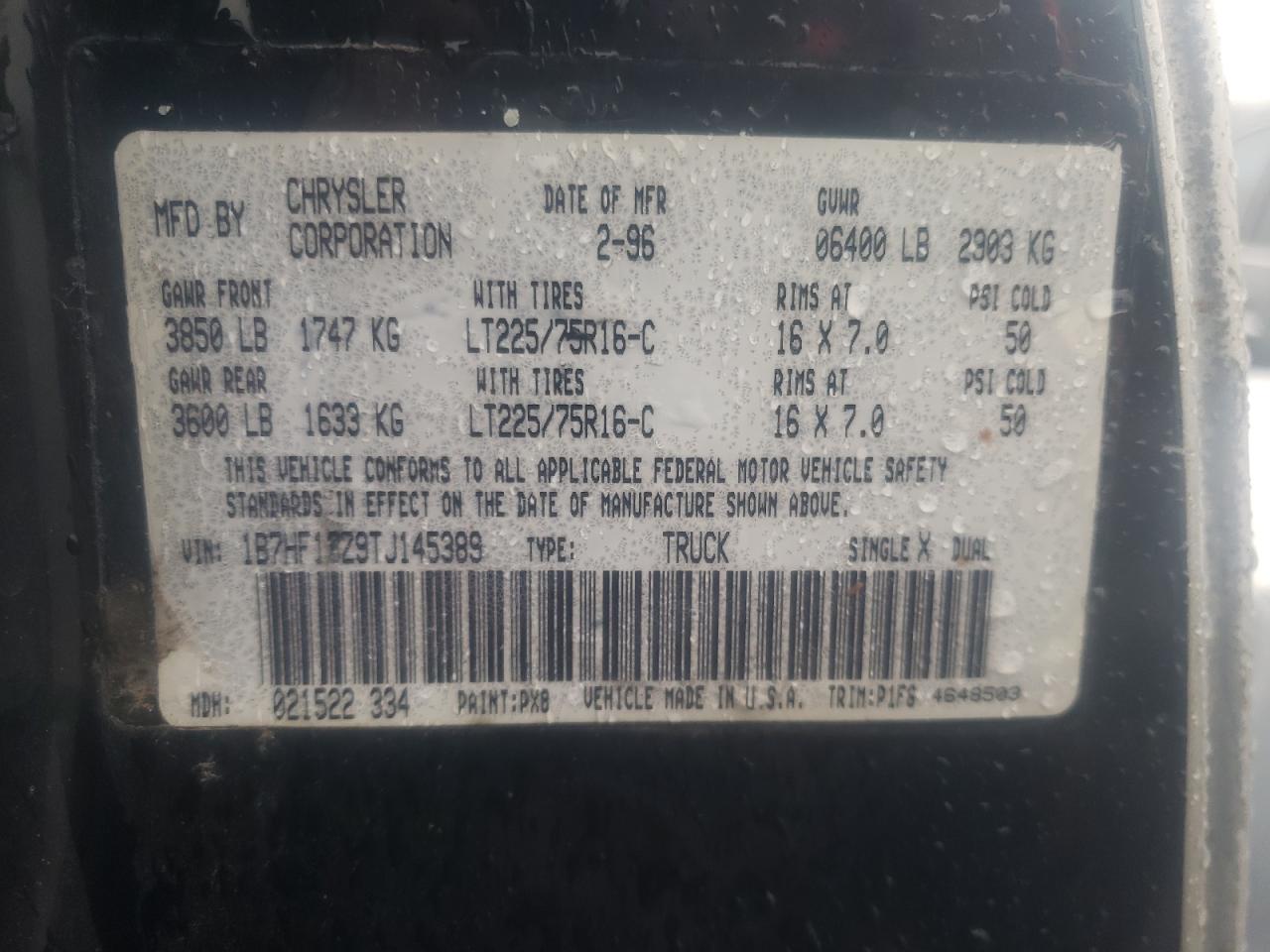 Photo 10 from auction – 1996 DODGE RAM 1500 with VIN 1B7HF13Z9TJ145389