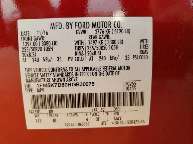 Photo 10 from auction – 2017 FORD EXPLORER X with VIN 1FM5K7D80HGB30075