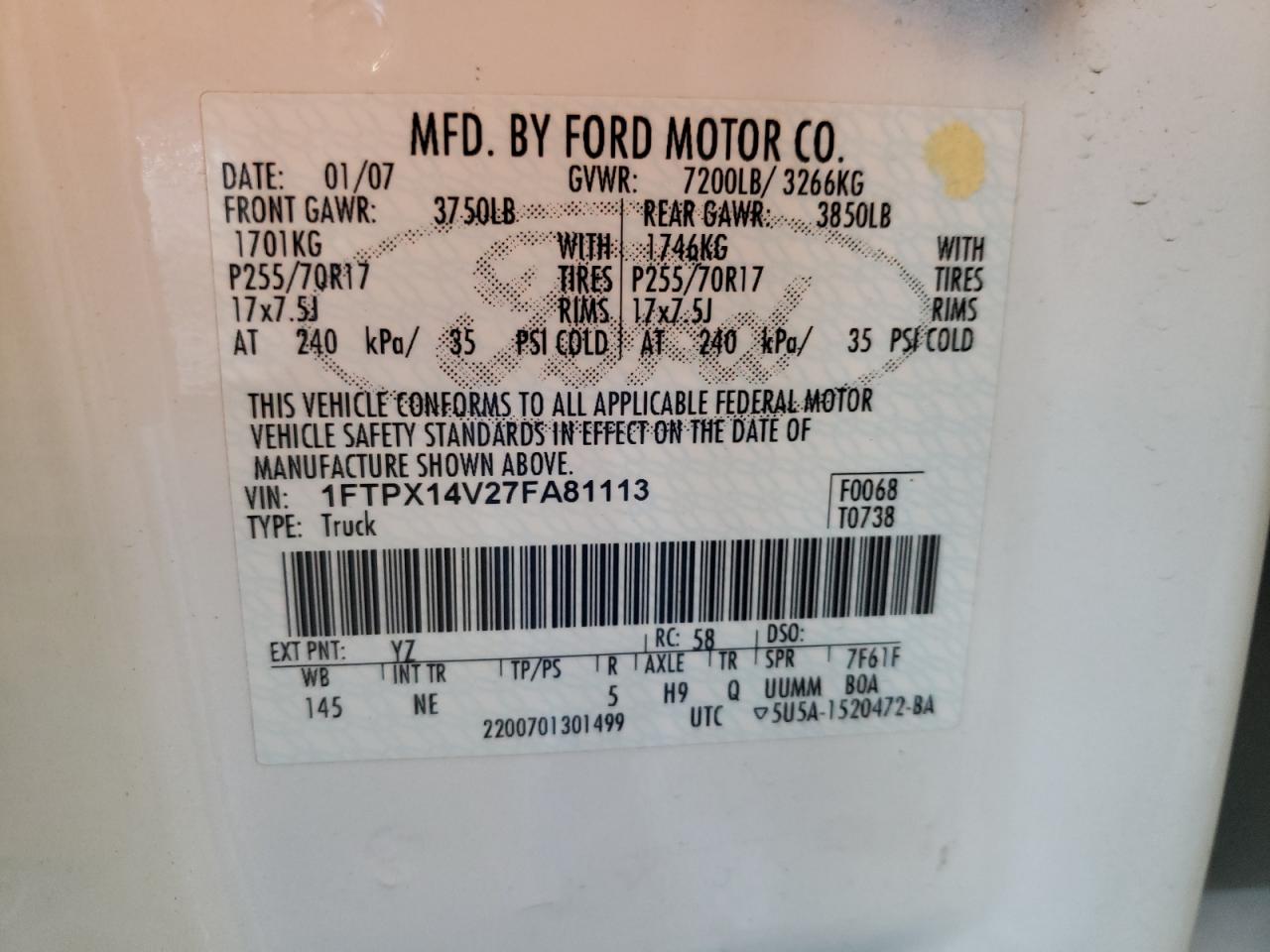 Photo 10 from auction – 2007 FORD F150 with VIN 1FTPX14V27FA81113