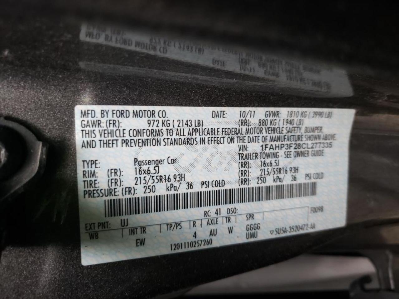 Photo 10 from auction – 2012 FORD FOCUS SE with VIN 1FAHP3F28CL277335