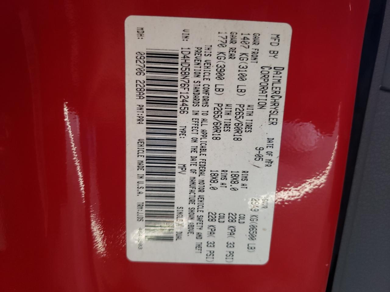 Photo 10 from auction – 2006 DODGE DURANGO LI with VIN 1D4HD58N76F124456